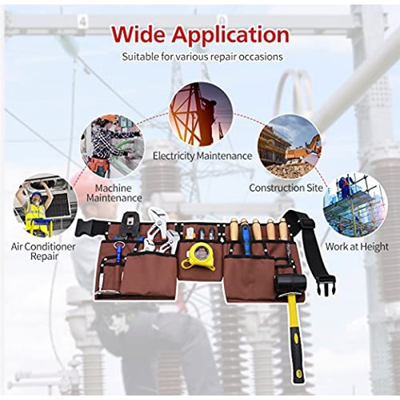 도구 벨트, 헤비 듀티 건설 도구 벨트, 29인치 ~ 42인치 갈색 및 검정색 조정 가능한 도구 벨트, 작업 앞치마, 도구 파우치