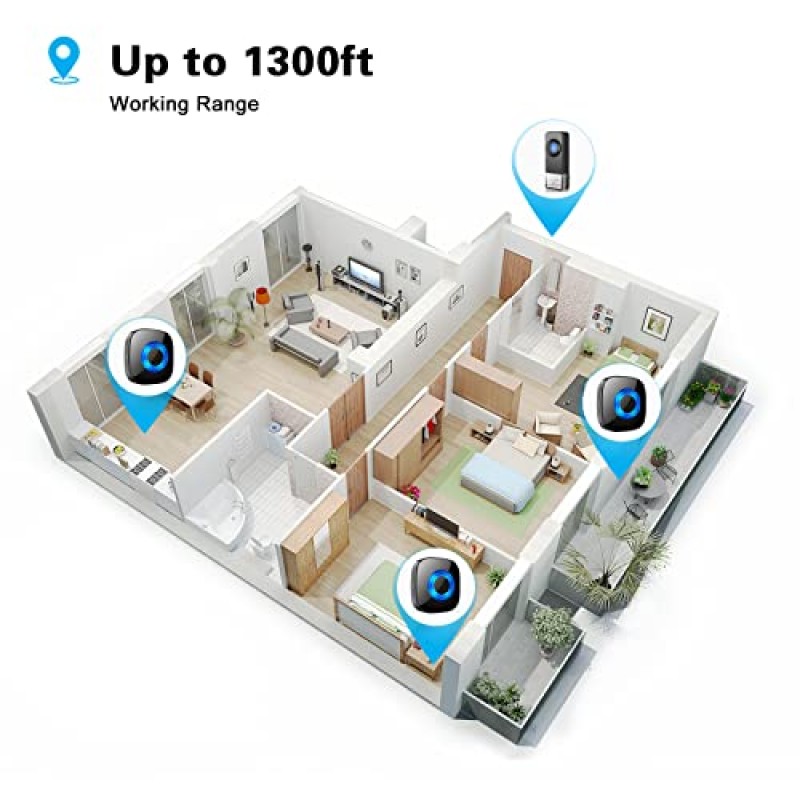 무선 초인종, 1300피트 이상 범위에서 작동하는 가정용 PHYSEN 방수 도어 벨 차임 조정 가능한 멜로디 58개 볼륨 레벨 5개 LED 스트로브가 포함된 도어 알람 키트(버튼 1개 + 수신기 1개)