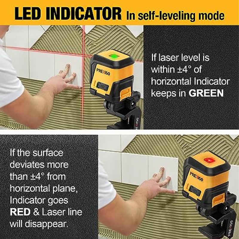 PREXISO 레이저 레벨 셀프 레벨링 - 크로스 라인 레이저 레벨, 그림 걸기용 50FT 라인 레벨러 도구, LED 표시기가 있는 벽 쓰기 그림, AA 배터리 2개 및 휴대용 가방