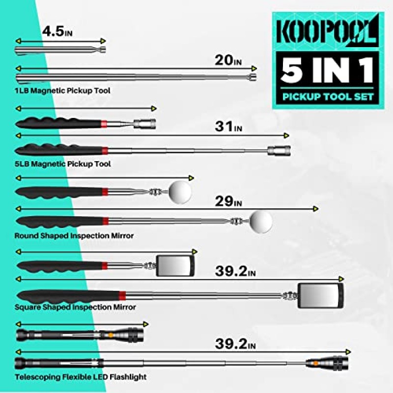 Koopool 텔레스코핑 자기 픽업 도구 세트 - 검사 거울이 있는 확장형 자석 손전등, 남성 또는 여성, 남자친구, 남편, 아버지, 잡역부, 기계공, 청록색을 위한 생일 선물