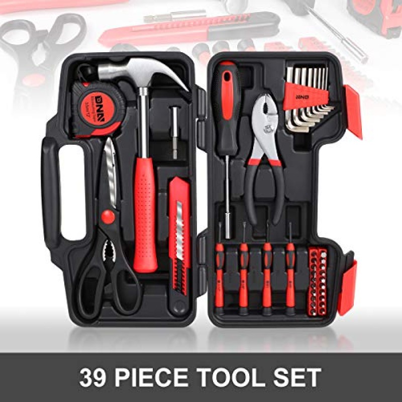 DNA MOTORING Red 39 PCs 휴대용 도구 키트 가정용 손 도구 상자 일반 수리 스크루 드라이버 펜치 해머 육각 (TOOLS-00006)