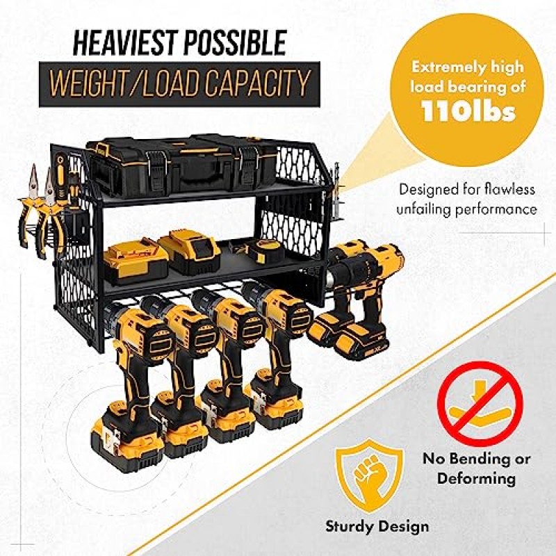 전동 공구 정리함 보관 유틸리티 랙 - 벽걸이형 차고 도구 정리함 드릴 홀더 및 도구 보관 조직 - 튼튼한 금속 도구 선반
