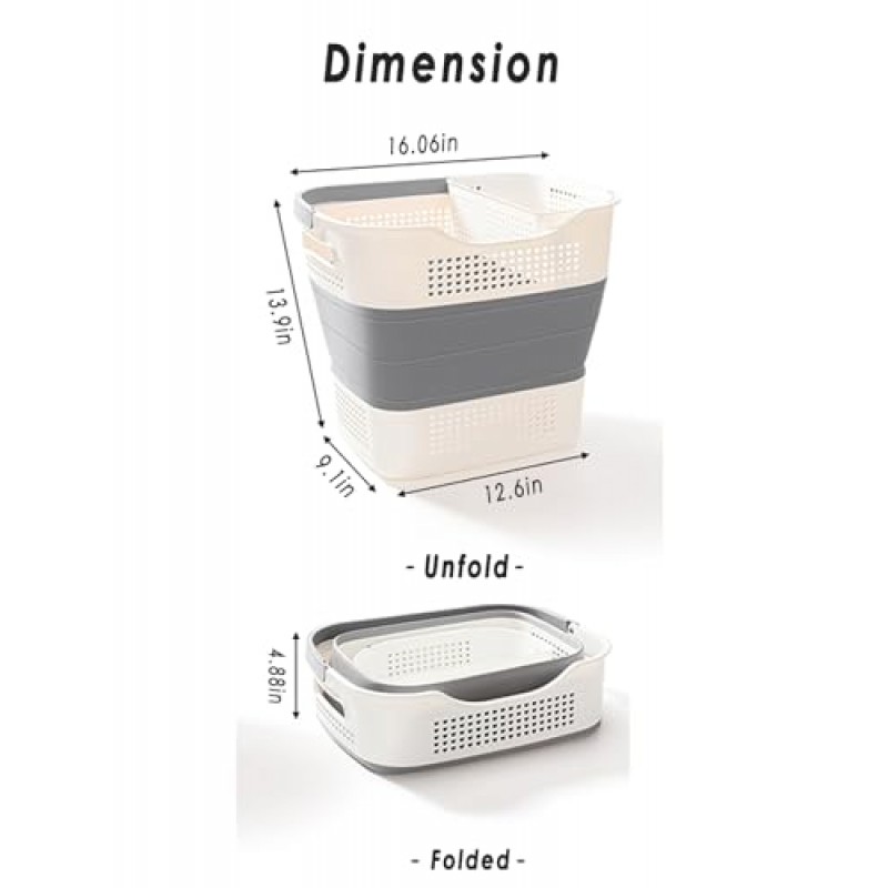 Beinilai 43L 접이식 세탁 바구니, 손잡이가 있는 접이식 세탁 바구니 플라스틱, 세탁용 팝업 보관 용기/정리자/햄퍼, 공간 절약 및 내구성(1 팩, 회색)