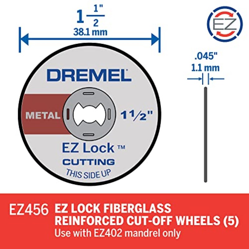 Dremel EZ456, 1 1/2인치(38.1mm) 휠 직경, EZ - Lock™ 유리섬유 강화 절단 휠, 금속 절단용 회전 공구 커팅 디스크, 5개, 중간, 빨간색