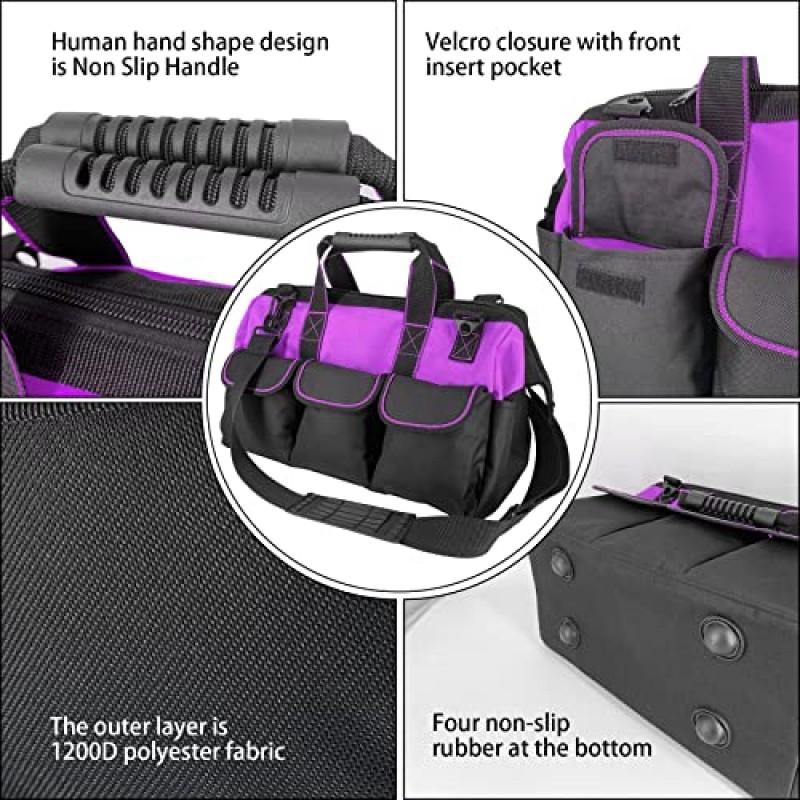 Oseeny 16인치 여성용 보라색 도구 가방 미끄럼 방지 발 조절 가능한 어깨 끈 14개의 기능성 삽입 포켓, 대용량 남성용 중장비 도구 상자, 전기 기술자, 목공, 원예용(보라색)