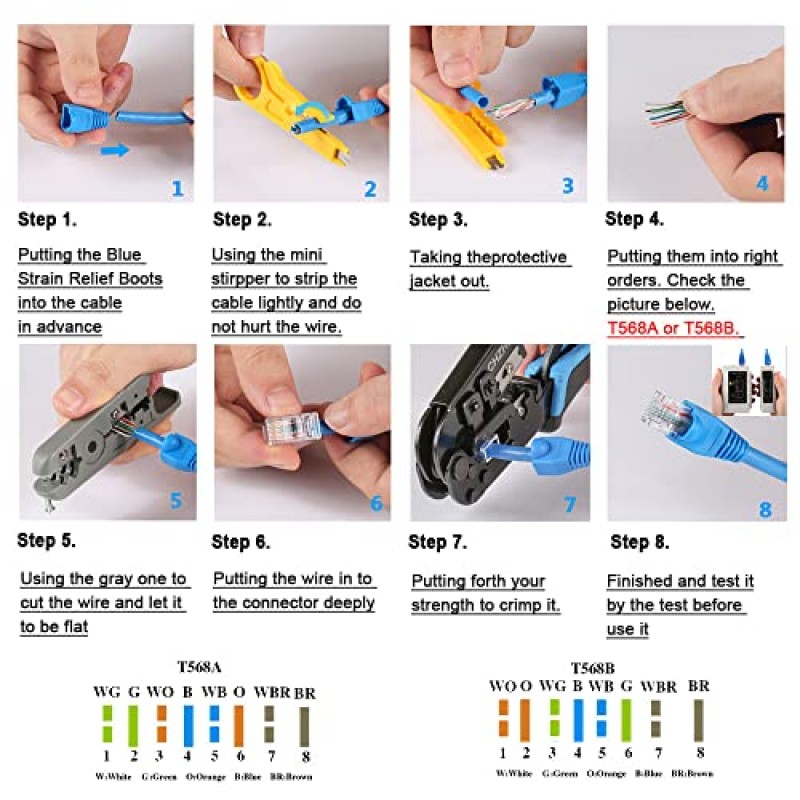 RJ45 압착 도구 키트 이더넷 압착 도구 6P-RJ11/12 8P-RJ45 크림퍼, 절단, 스트립 및 압착 도구, 3 IN 1, 50개 RJ45 커넥터, 50개 커버, 1개 케이블 테스터 및 1개 미니 노란색 스트리퍼 포함