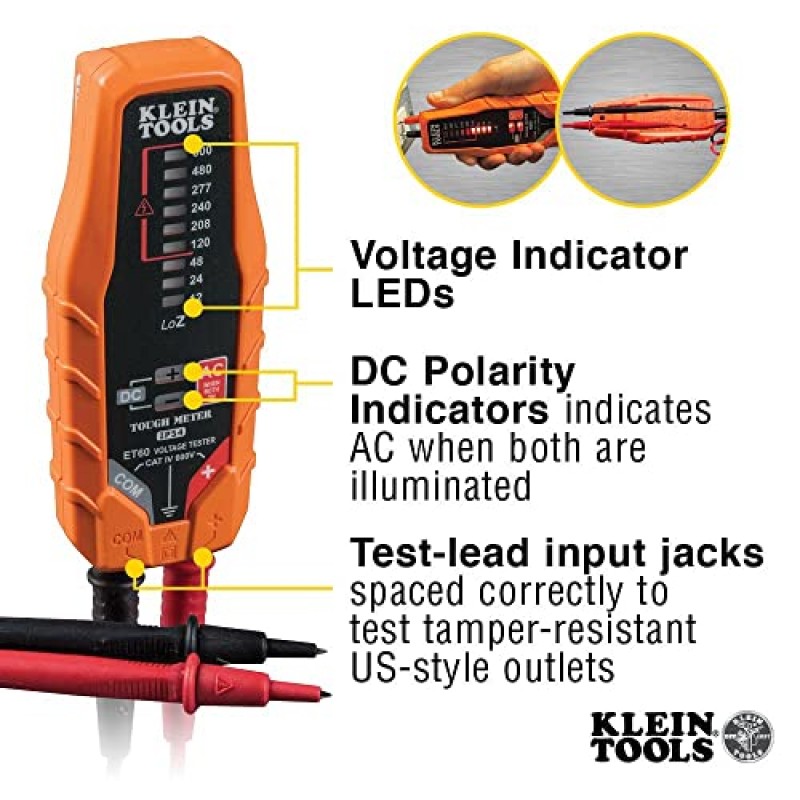 Klein Tools ET60 전압 테스터, AC 및 DC 전압 및 저전압 테스트, 배터리 필요 없음