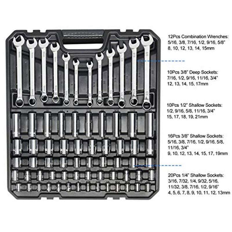 Prostormer 240피스 역학 수공구 세트, 일반 모듬 SAE/미터법 소켓 및 렌치 플라스틱 보관 도구 상자가 포함된 자동차 수리 도구 키트
