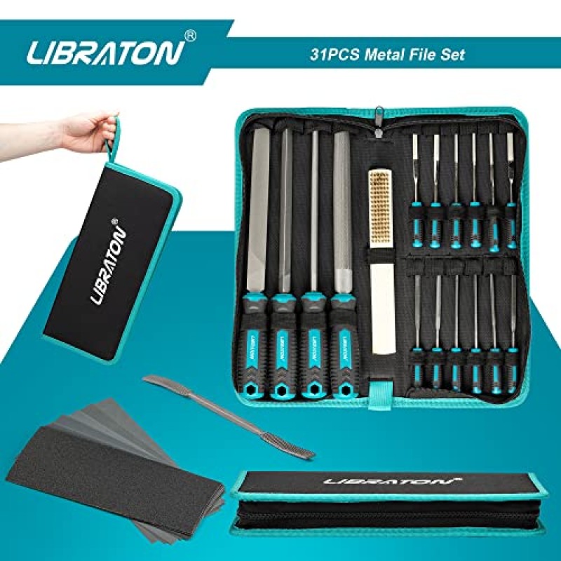 Libraton 31PCs 금속 파일 세트, 금속 파일, 강철용 금속 파일, 케이스가 포함된 바늘 파일 12개, 물결 모양 파일, 사포 12개, 강철 브러시, 목재 및 금속용 파일 세트, 금속 가공 및 목공용