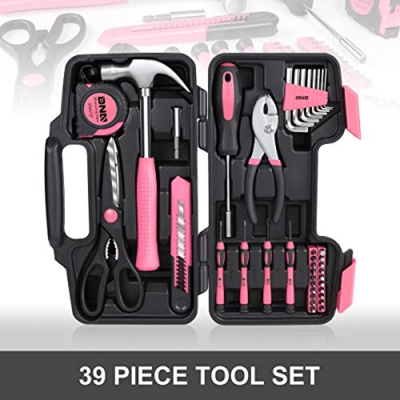 DNA MOTORING 핑크 39 PCs 휴대용 도구 키트 가정용 손 도구 상자 일반 수리 드라이버 펜치 해머 육각 (TOOLS-00009)