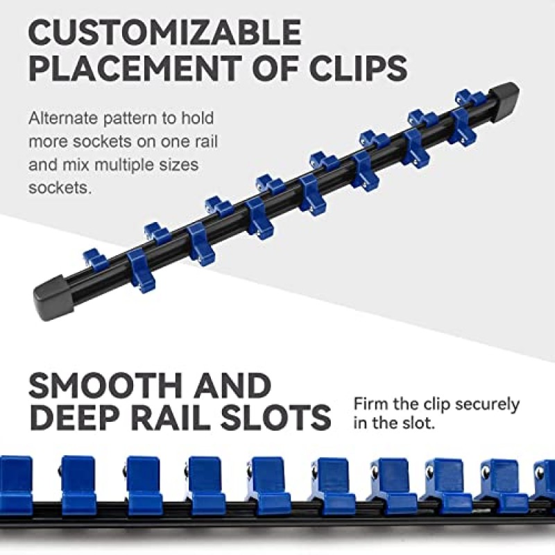 ALOANES 9 PC ABS 소켓 정리함, 1/2인치, 3/8인치 및 1/4인치 드라이브 소켓 레일 홀더, 헤비듀티 소켓 랙, 빨간색, 파란색 및 검정색 클립이 있는 검정색 레일