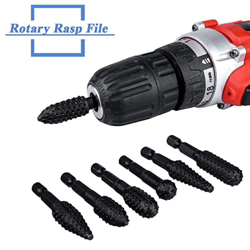 Mesee 10 조각 로터리 버 러프 세트, 1/4 인치 육각 섕크 퀵 체인지 나무 조각 드릴 비트 탄소강 파일 Rasp DIY 목공 도구 목재 플라스틱 조각 연마 연삭