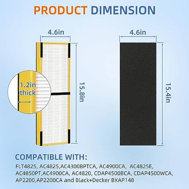 FLT4825 Germ Guardian 공기 청정기용 HEPA 필터 B 교체, FLT4825와 호환 가능 AC4825 AC4300 AC4800 AC4900 AC4850 공기 청정기, 2개의 True H13 HEPA 필터 + 8개의 탄소 사전 필터
