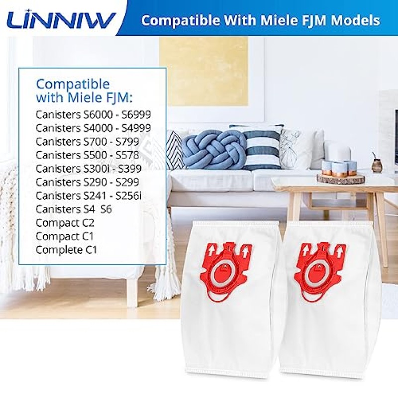 Miele FJM 진공 청소기, Compact C1, Compact C2, Complete C1, S241, S290, S300i, S500, S700, S4, S6 시리즈와 호환되는 3D Airclean FJM 진공 청소기 가방 12팩, 부품 번호 10123220 대체