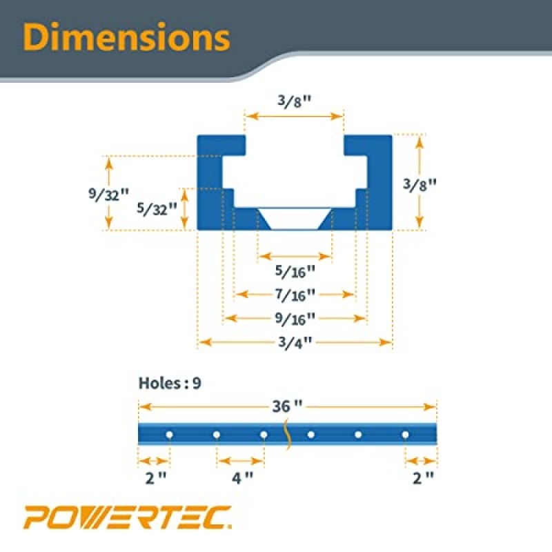 POWERTEC 71861 36인치 x4 범용 T 트랙, 100개 나무 나사 포함, 사전 천공된 장착 구멍이 있는 이중 절단 프로파일 T 트랙