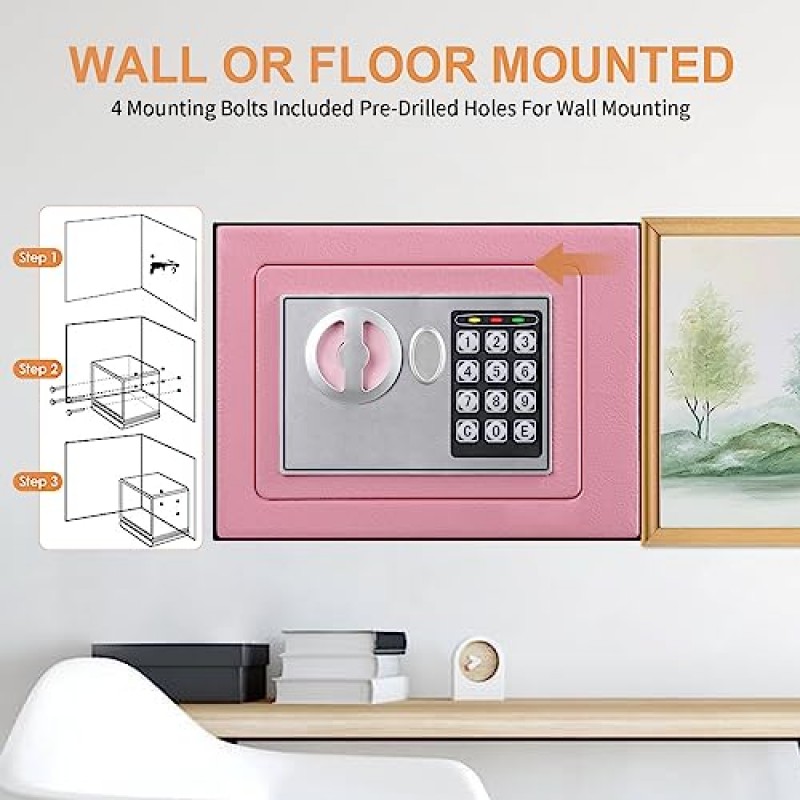 돈을 위한 방화 소형 금고, 0.23 Cu ft 미니 방화 금고(콤비네이션 자물쇠 포함), 어린이용 디지털 금고 홈 호텔 비즈니스(핑크)