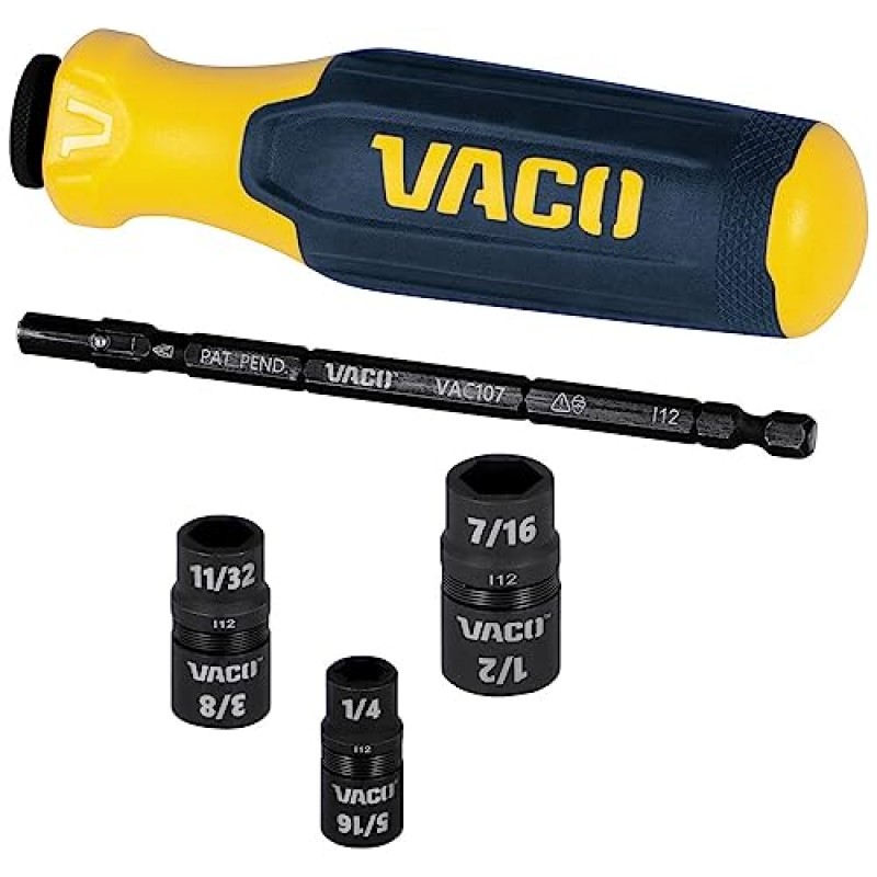 VACO VAC1070 임팩트 드라이버, 손잡이가 있는 7-in-1 SAE 멀티 비트 임팩트 플립 소켓, 식별하기 쉬운 6개의 육각 드라이버 크기 및 1/4인치 비트 홀더