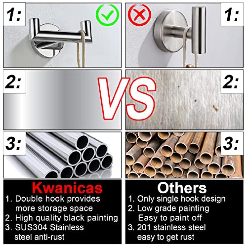 욕실용 수건 걸이, 주방 욕실용 광택 크롬 수건 걸이, SUS304 스테인레스 스틸 코트 걸이, 수건 걸이용 헤비 듀티 더블 타월 홀더 후크, 코트, 스폰지, 벽걸이, 2팩