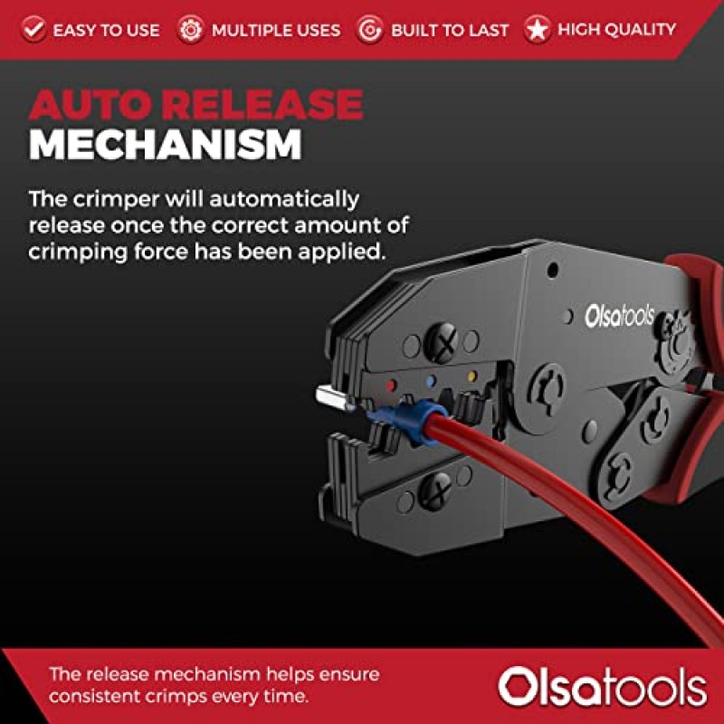 Olsa 도구 래칫팅 와이어 크림퍼 | 와이어 커넥터, 버트 커넥터, 스페이드 커넥터 및 절연 전기 커넥터용 압착 도구 | 와이어 터미널 압착 도구 | 전문 터미널 크림퍼