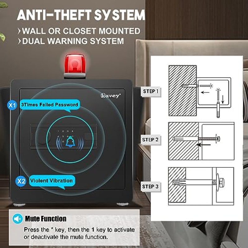 Kavey 1.7 새끼 금고, 백라이트 터치 스크린 키패드 및 이중 경보 시스템이 있는 가정용 금고, 음소거 기능 및 LED 조명이 있는 현금 금고, 가정용 호텔 사무실용 소형 금고