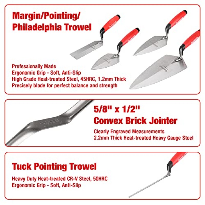 도구 가방에 정리된 Goldblatt 12PC 벽돌 손 도구 세트 - 필라델피아/포인팅/마진/턱 포인팅 흙손, 스케이트 휠 조인트 레이커, 볼록 벽돌 조인트터, 스트링 라인 및 재그 클램프, 벽돌 브러시