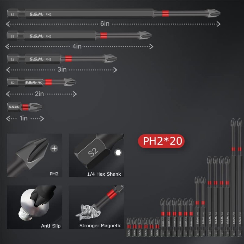 임팩트 필립스 비트 #2 긴 자기 필립스 스크루드라이버 비트 세트 1 2 3 4 6인치 1/4인치 육각 섕크 십자형 미끄럼 방지 스크류 드라이버 비트 세트(임팩트 드라이버 전동 공구용)(20PCS)