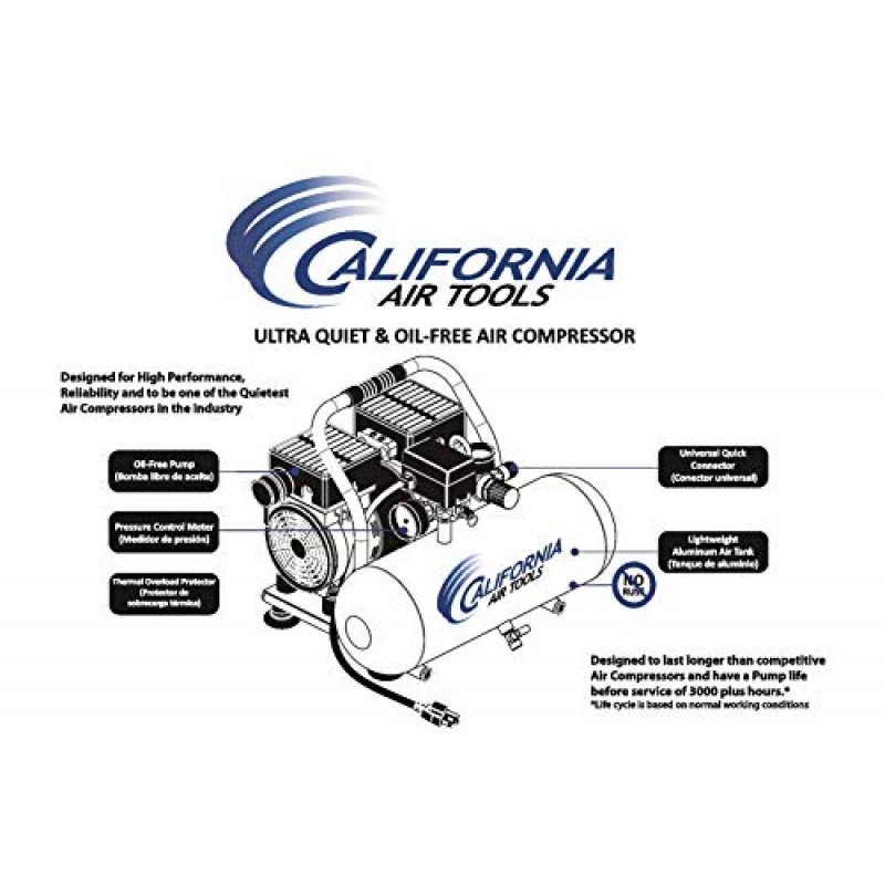 California Air Tools 2010A 매우 조용하고 오일 프리 1.0 HP 2.0갤런 알루미늄 탱크 공기 압축기, 실버