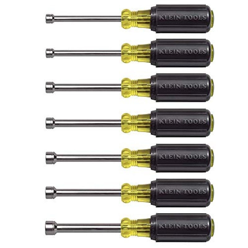 Klein Tools 80021 도구 세트, 다양한 팁이 포함된 스크루드라이버 및 너트 드라이버 도구 키트 및 65160 도구 세트, 미터법 너트 드라이버 세트 크기 5, 5.5, 6, 7, 8, 9 및 10mm, 3인치 크롬 플레이트 중공축