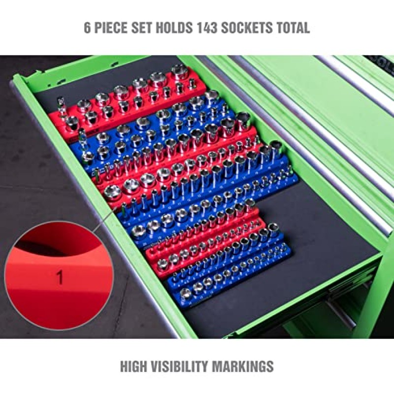 OEMTOOLS 22489 6팩 세트 미터법 및 SAE 자기 소켓 정리함, 1/4, 3/8 및 1/2인치 드라이브 소켓용 도구 상자 소켓 정리함, 빨간색 및 파란색