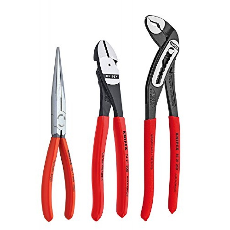 KNIPEX 도구 00 20 08 US1 긴 노즈, 대각선 커터 및 악어 플라이어 3피스 도구 세트, 빨간색(포장은 다를 수 있음) 및 도구 - 플라이어 렌치, 크롬(8603250), 10인치
