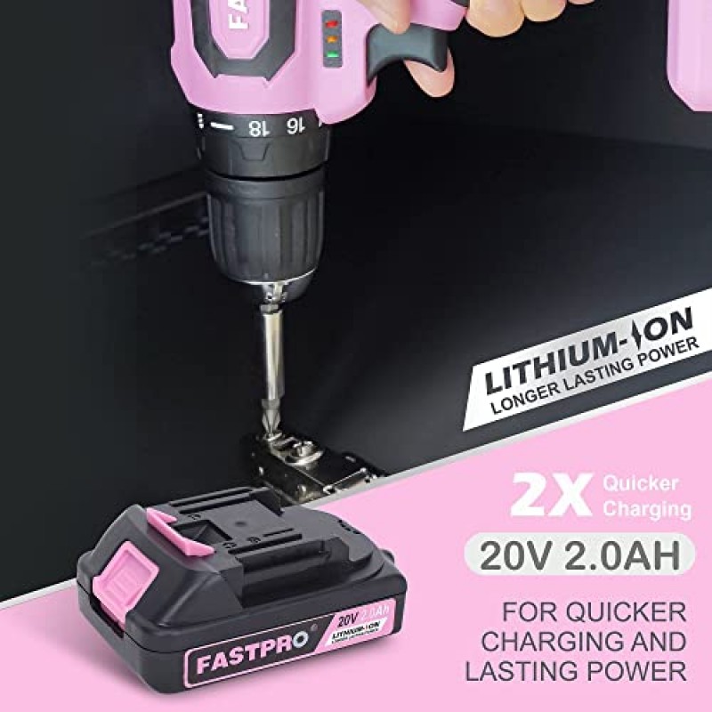 FASTPRO 핑크 도구 세트 -220피스 여성용 집 수리 도구 키트 및 20V 핑크 무선 리튬 이온 드릴 드라이버