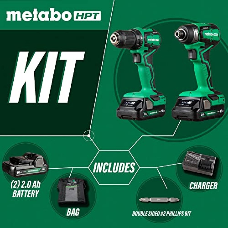 Metabo HPT 18V MultiVolt™ 서브컴팩트 드라이버 드릴/임팩트 무선 콤보 키트 | 높은 토크 | 브러시리스 모터 | 평생 도구 보증 | KC18DDXS