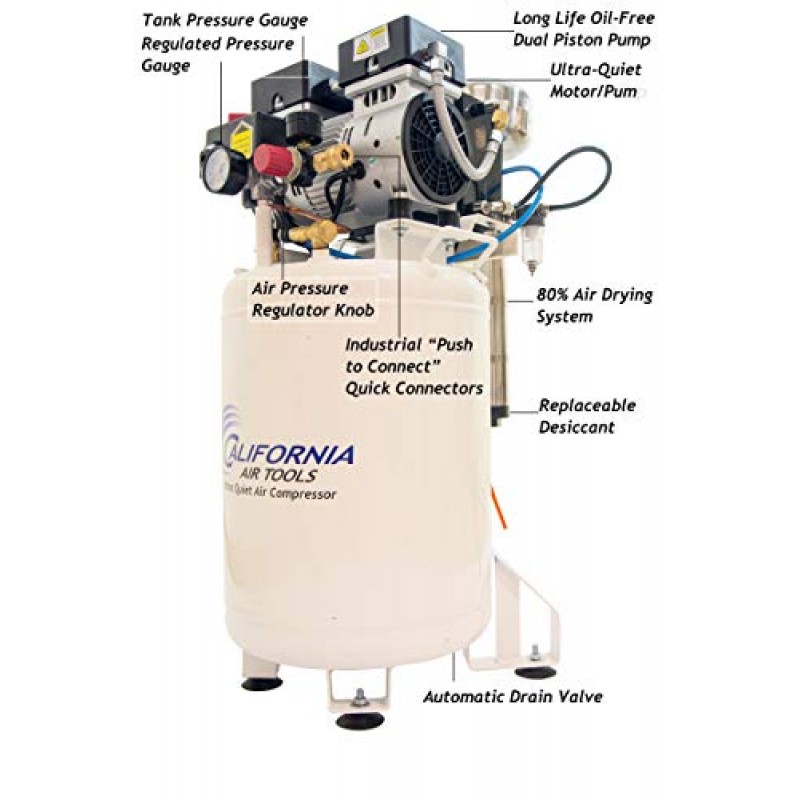 California Air Tools 10010LFDCAD 초저소음 및 오일 프리 1hp 산업용 탱크 공기 압축기(건조 시스템 및 자동 배수 밸브 포함), 10갤런