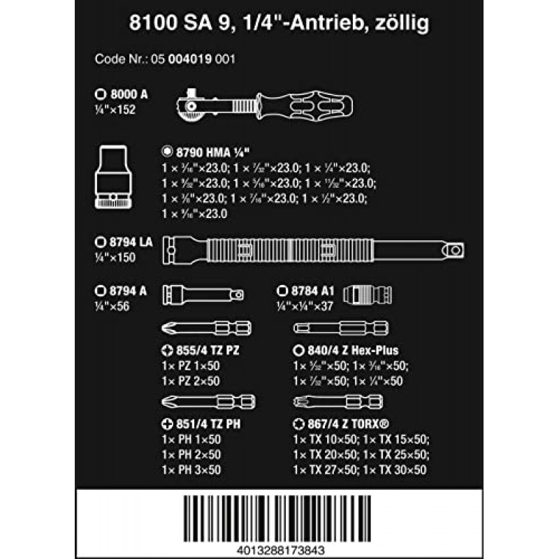 Wera 래칫 세트, 28, 1/4인치, SAE & 05022640001 950/9 Hex-Plus 다색 Imperial 2 L-키 세트, Imperial, BlackLaser, 9개