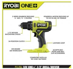 RYOBI ONE+ PCL1600K2 18V 무선 6개 도구 콤보 키트(1.5Ah 배터리, 4.0Ah 배터리 및 충전기 포함)