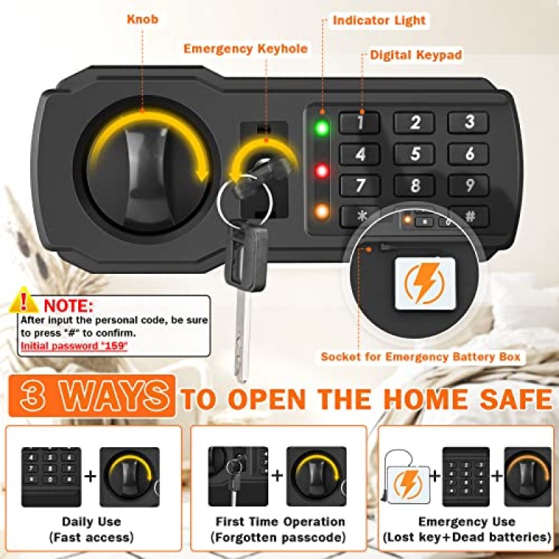 2.0 Cu ft 가정용 대형 내화 금고, 전자 디지털 키패드가 있는 개인 주택 보안 금고, 센서 조명 및 스마트 알람, 돈을 위한 안전한 내화 방수 총기 문서 귀중품