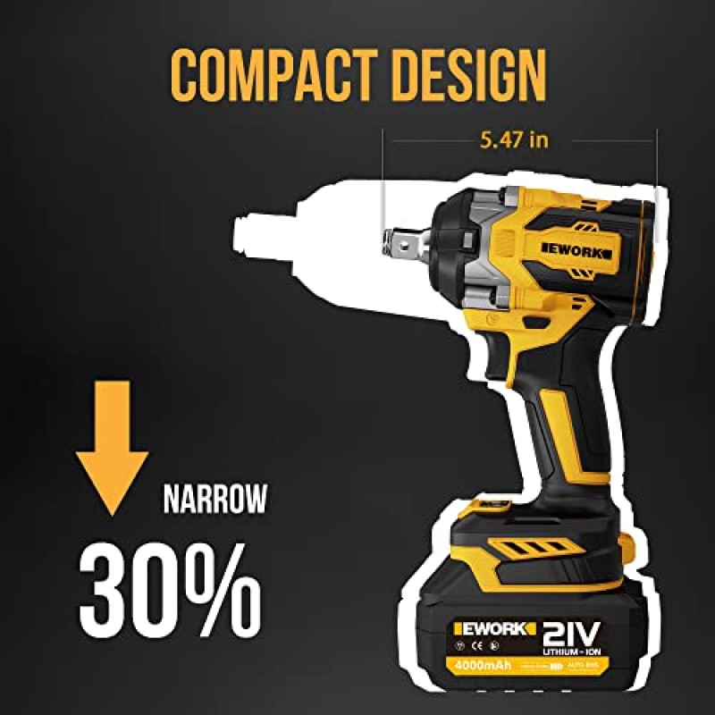 EWORK 무선 임팩트 렌치 21V 브러시리스 컴팩트 1/2 임팩트 건 최대 520Ft-lbs 파워 임팩트 렌치(4.0Ah 리튬 이온 배터리 포함), 고속 충전기, 소켓 5개, 도구 가방(RB-809)