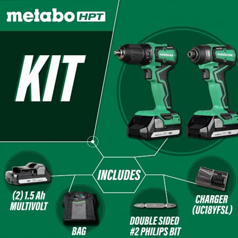 Metabo HPT 무선 18V 드릴 및 임팩트 드라이버 콤보 키트 | 서브컴팩트 | 브러시리스 모터 | 리튬 이온 배터리 | 평생 도구 보증 | KC18DDX