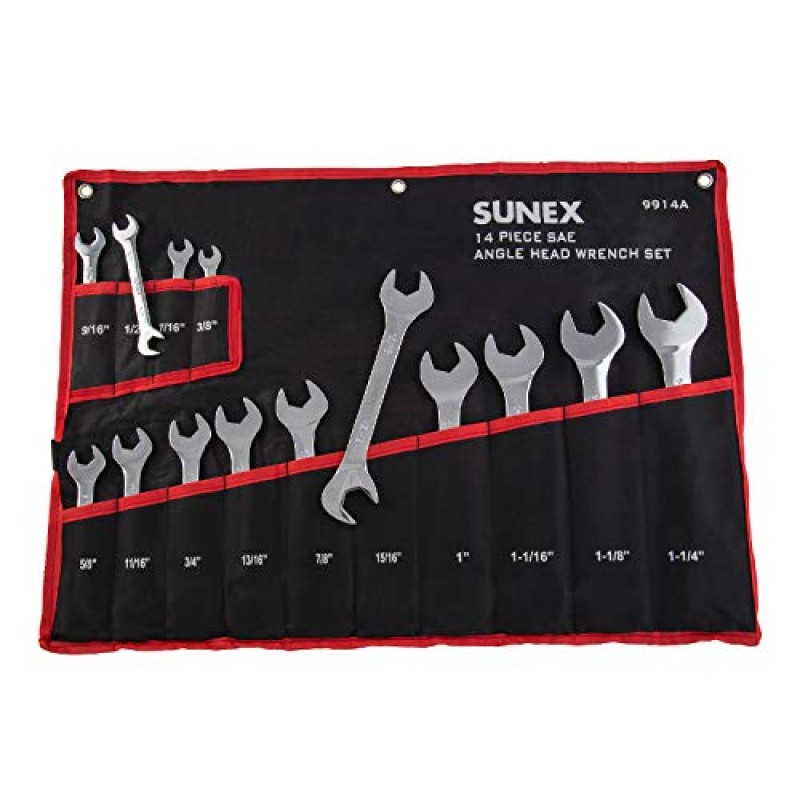 Sunex Tools 9721A 1/2인치 드라이브 점보 SAE 크로풋 렌치 세트, 1-1/16인치 - 1-3/8인치, 완전 광택, 14피스(보관 레일 포함) 및 9914A 14피스 앵글 헤드 SAE 렌치 세트(풀 폴리시) CRV