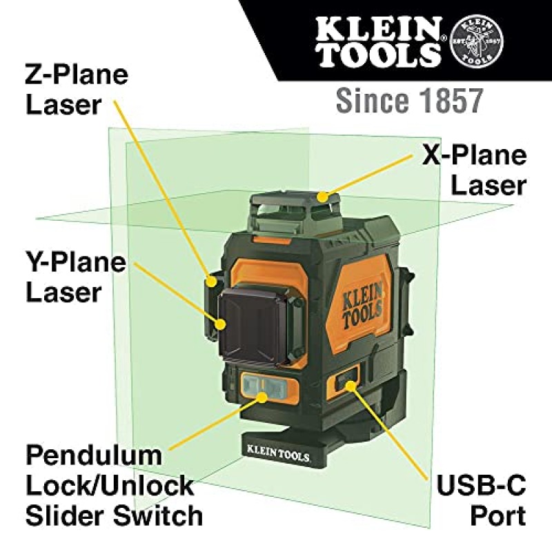 Klein Tools 93PLL 셀프 레벨링 레이저 레벨, 녹색 3x360도 평면, 충전식 배터리, 자기 마운트, 클래스 II 레이저 및 소형 레이저 거리 측정, 100피트, 피트, 인치, 미터 단위 측정