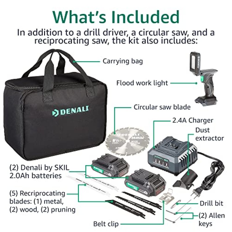 Amazon 브랜드 - Denali by SKIL 20V 무선 드릴, 왕복동 및 원형 톱, 작업등, 2.0Ah 리튬 배터리 2개, 2.4A 충전기 및 휴대용 가방 포함