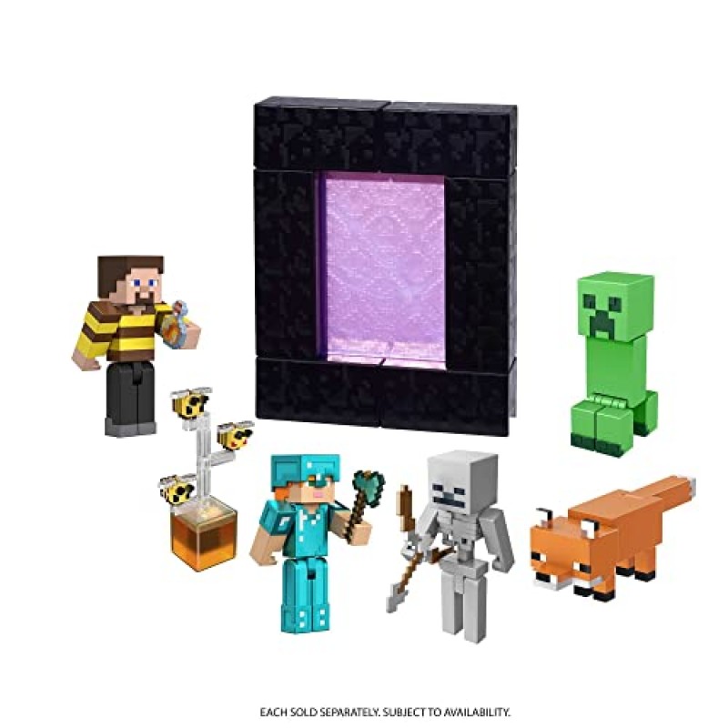 Mattel Minecraft Bees 액션 피규어, 3.25인치, 포털 구축 부품 1개 및 액세서리 1개 포함, 비디오 게임에서 영감을 얻은 조립 장난감, 팬 및 6세 이상 어린이를 위한 수집용 선물