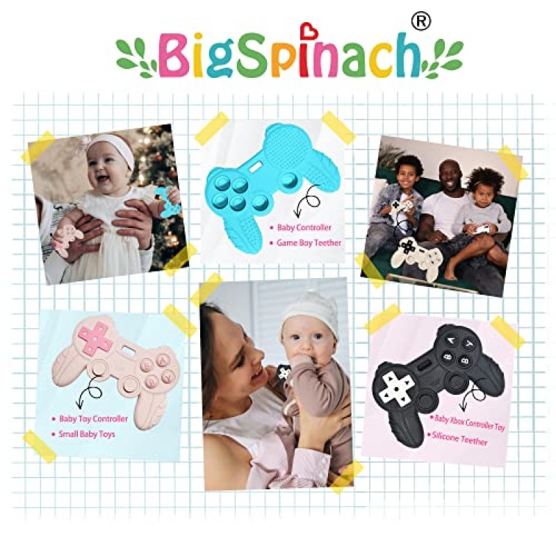 BIGSPINACH 베이비 게임 컨트롤러 게이머 부모와 미래의 게이머 키즈를 위한 Teether 장난감 실리콘 젖니가 남 장난감 멋진 게임용 물건(블루 + 블랙)