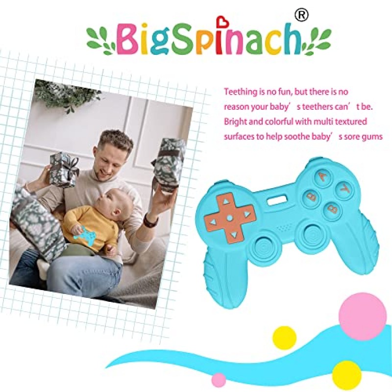 BIGSPINACH 베이비 게임 컨트롤러 게이머 부모와 미래의 게이머 키즈를 위한 Teether 장난감 실리콘 젖니가 남 장난감 멋진 게임용 물건(블루 + 블랙)