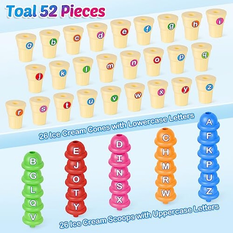 Torlam 알파벳 학습 아이스크림 장난감 놀이 세트, 유아 학습 장난감 ABC 문자 인식 일치하는 26자 게임, 유치원 유치원 교실에는 어린이 학습 활동이 있어야 합니다., 52개