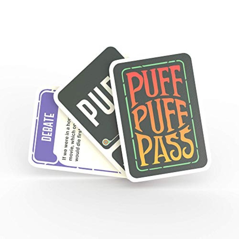 Puff Puff Pass: 109가지 재미있는 퀴즈, 대화 시작 요소, 차라리 그럴래요 등이 포함된 Stoners를 위한 카드 게임.