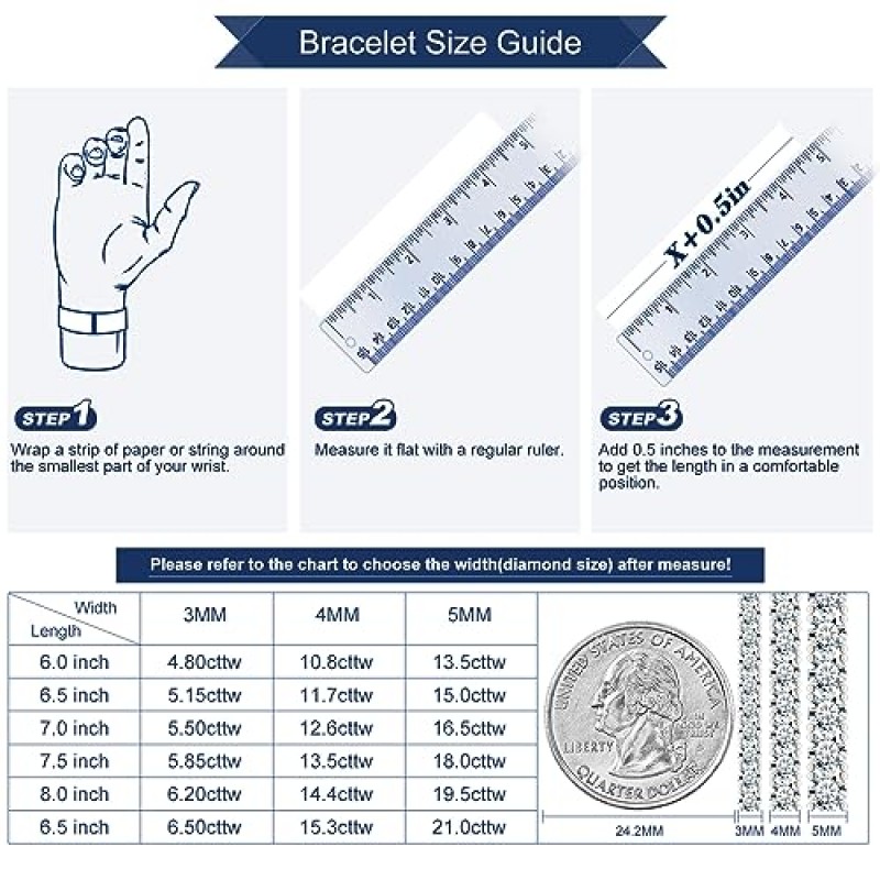 4.8-21캐럿 Moissanite 테니스 팔찌 여성용 모조 다이아몬드 팔찌 18K 화이트 골드 도금 925 스털링 실버 남성용 팔찌 3/4/5MM D 컬러 VVS1 라운드 브릴리언트 컷 랩 제작 Moissanite 클래식 팔찌 참