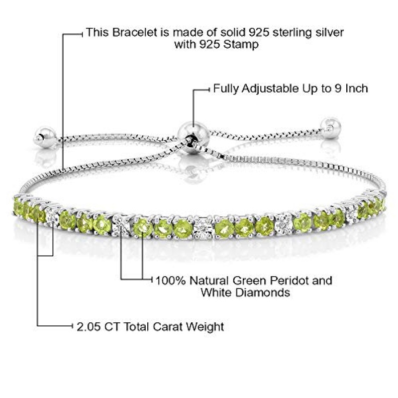 여성용 보석 스톤 킹 925 스털링 실버 그린 페리도트 및 화이트 다이아몬드 테니스 팔찌(2.05 Cttw, 보석 탄생석, 최대 9인치까지 완전 조절 가능)