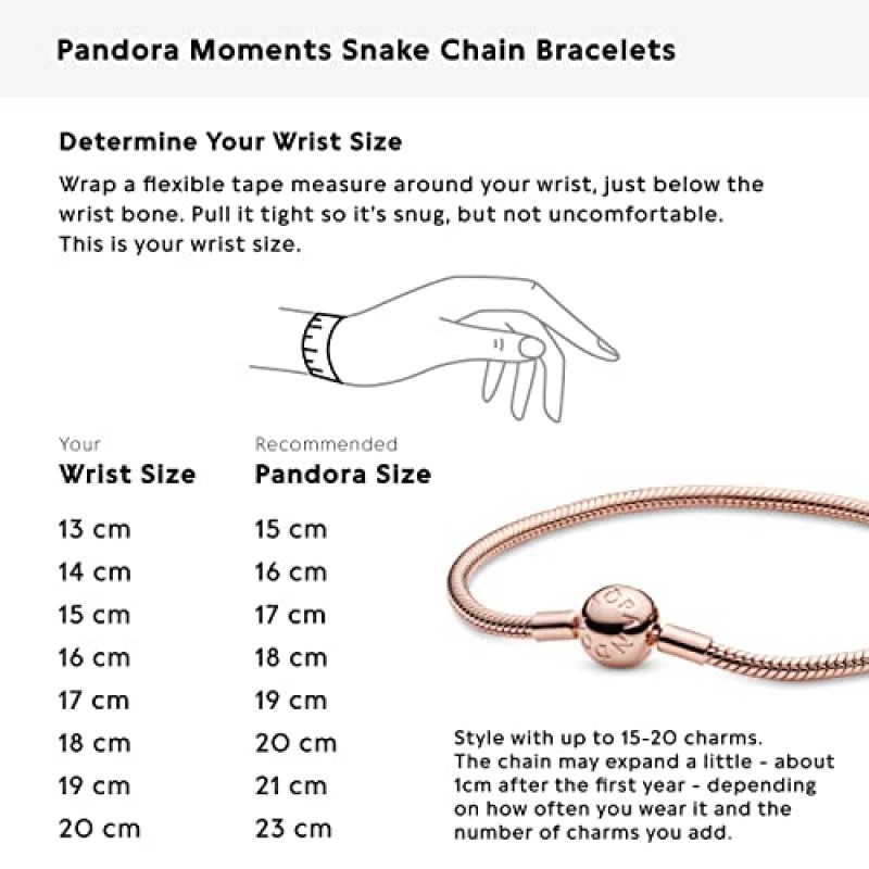 PANDORA Jewelry Moments 스네이크 체인 로즈 팔찌, 7.9