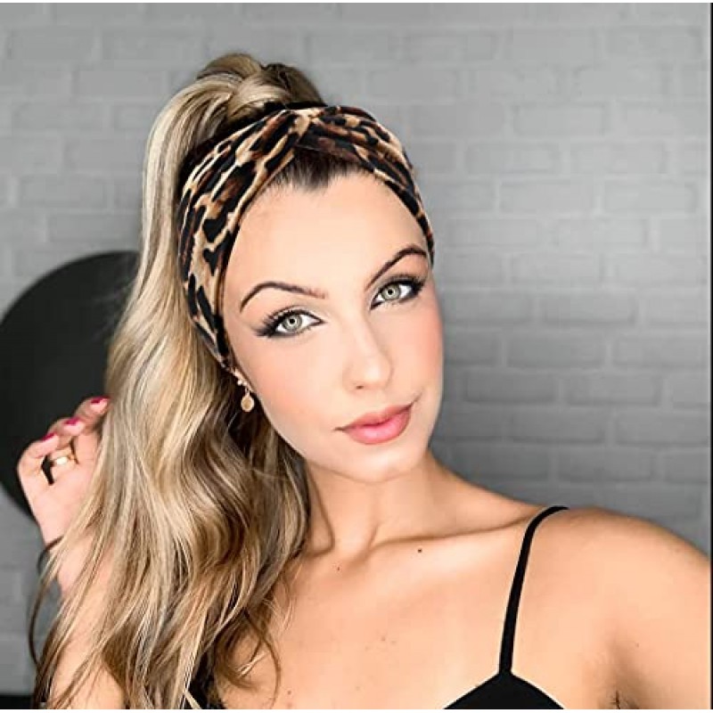 여성용 Huachi 머리띠 Boho Wide Womens Tuban 머리띠 Headwraps 트위스트 매듭 패션 여름 해변 헤어 액세서리 (8 팩 표범 인쇄 플러스 단색 헤어 밴드)
